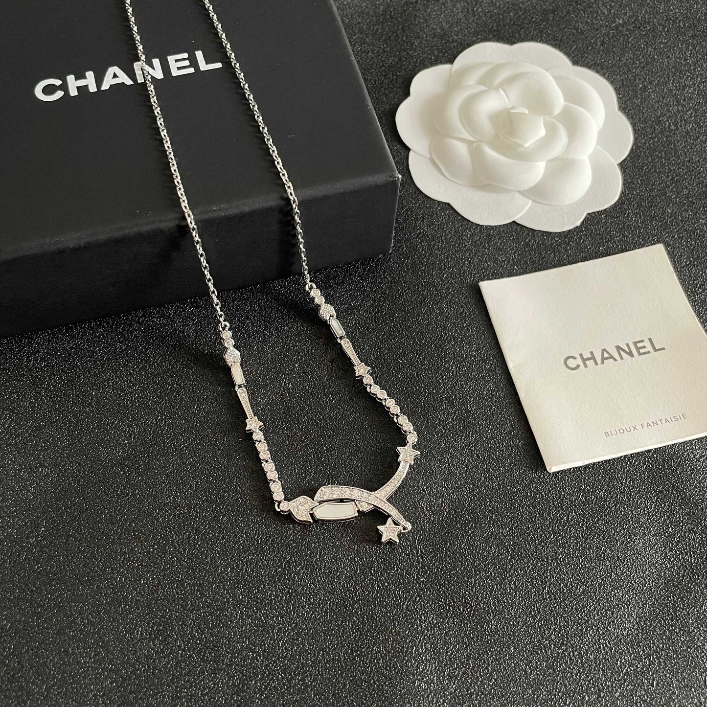CHANEL 26S CRYSTAL STAR CHARM NECKLACE IN ROSE SILVER METAL 631897