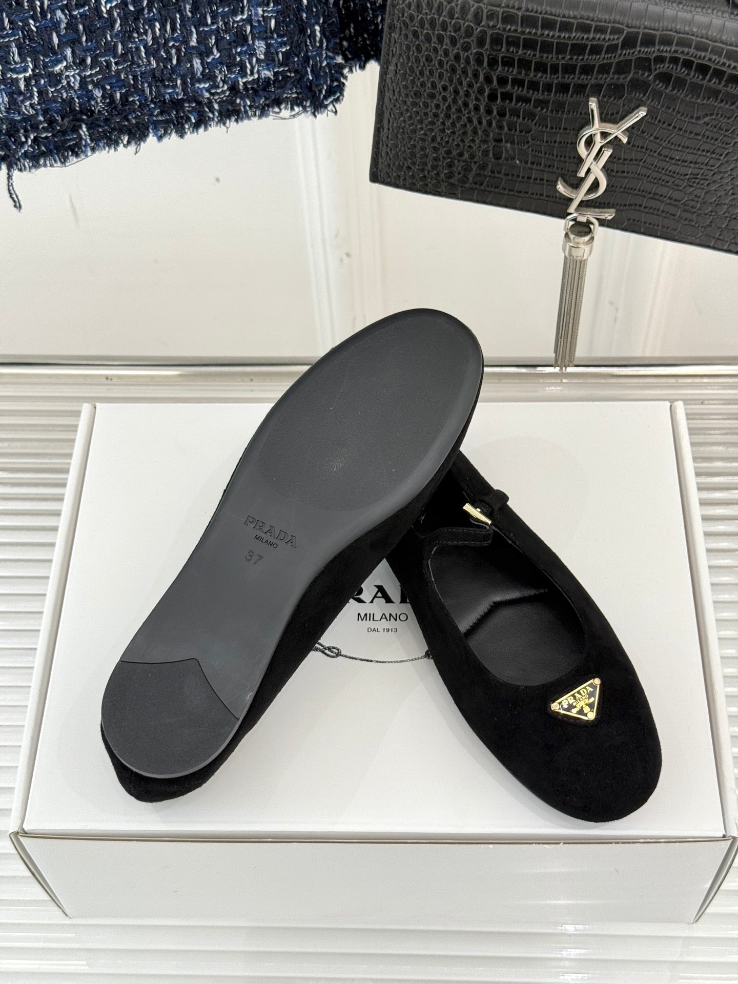 PRADA 25S SOFT PADDED BALLERINAS IN BLACK SUEDE