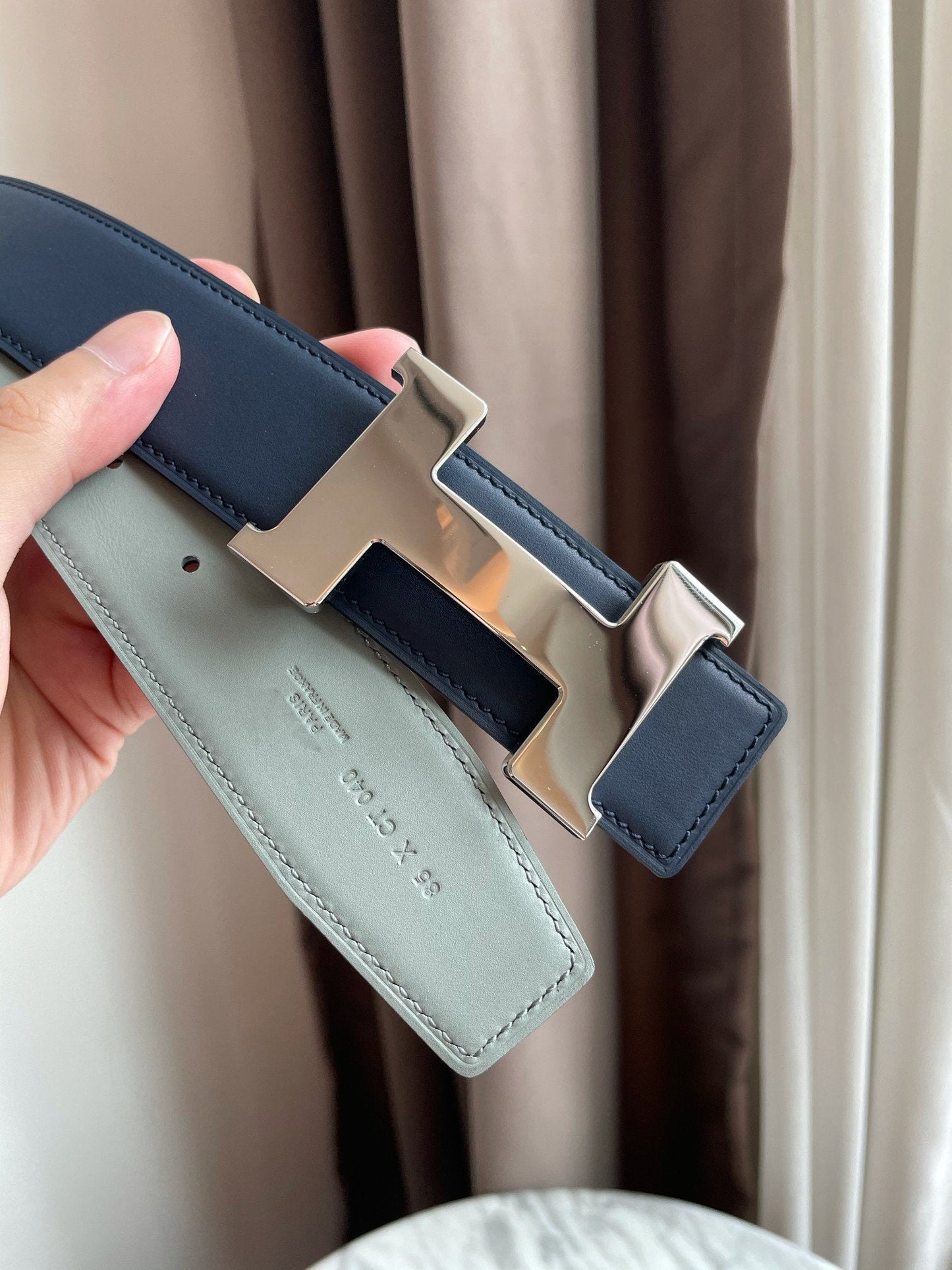 H CONSTANCE BELT 38MM SILVER BUCKLE PRUSSIAN BLUE SKY BLUE LEATHER
