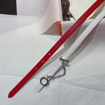 H SILVER BUCKLE WOMEN'S BELT WHITE RED LEATHER STRAP 1.3CM