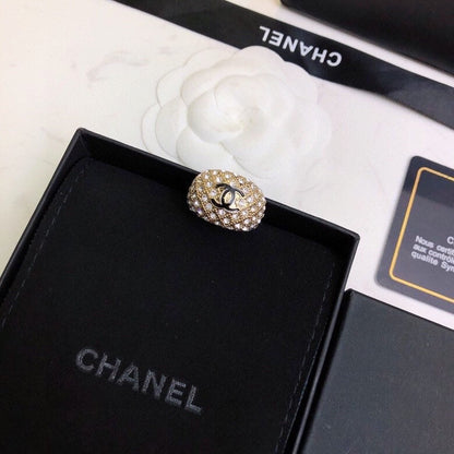 CHANEL 26S DOUBLE C LOGO FULL PAVE CRYSTAL DOME RING IN GOLD METAL 633217