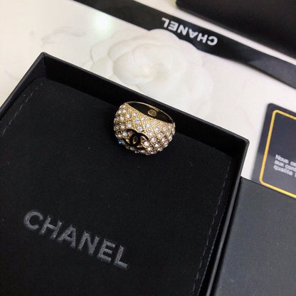 CHANEL 26S DOUBLE C LOGO FULL PAVE CRYSTAL DOME RING IN GOLD METAL 633217