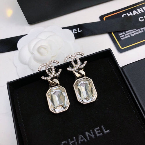 CHANEL 26S DOUBLE C LOGO CRYSTAL OCTAGON CLEAR STONE DROP EARRINGS IN GOLD METAL 6310872