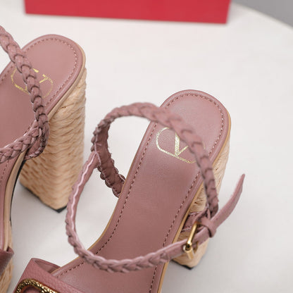 VLTN ESPADRILLE WEDGE SANDALS 25S 130 MM IN MUTED CLAY PINK LAMBSKIN WITH GOLD HARDWARE