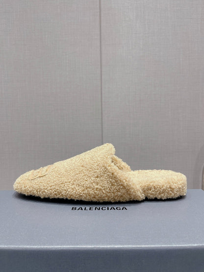 BALENCIAGA 25S MULES IN BEIGE WOOL WITH LOGO