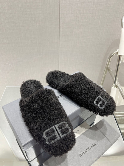 BALENCIAGA 25S MULES IN BLACK WOOL WITH LOGO
