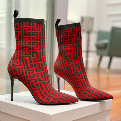 BALMAIN 26S BOOTS 105 MM IN BLACK AND RED FLYKNIT STYLE 11