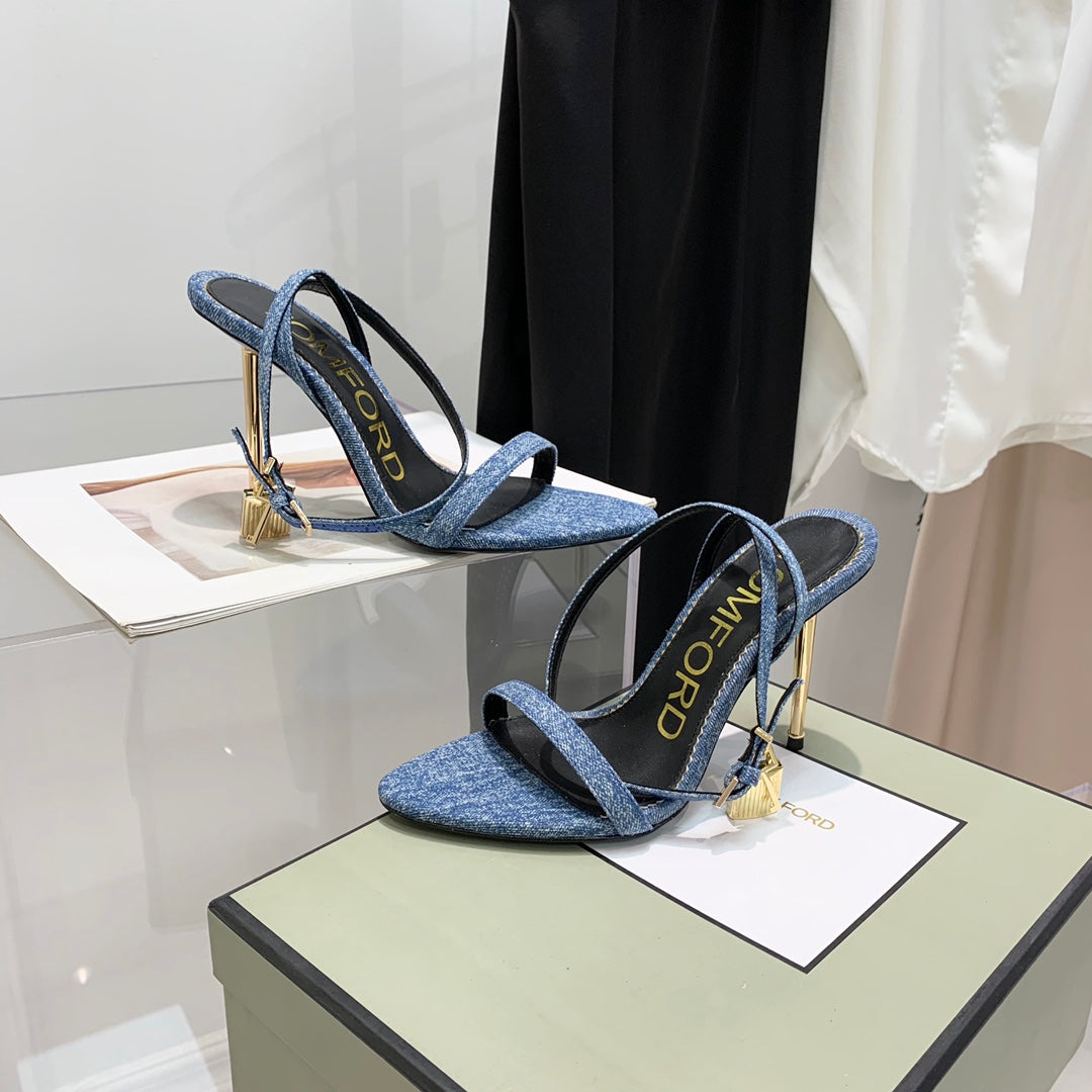 TOM FORD 26S GOLD BUCKLE HEELS 105 MM IN BLUE DENIM