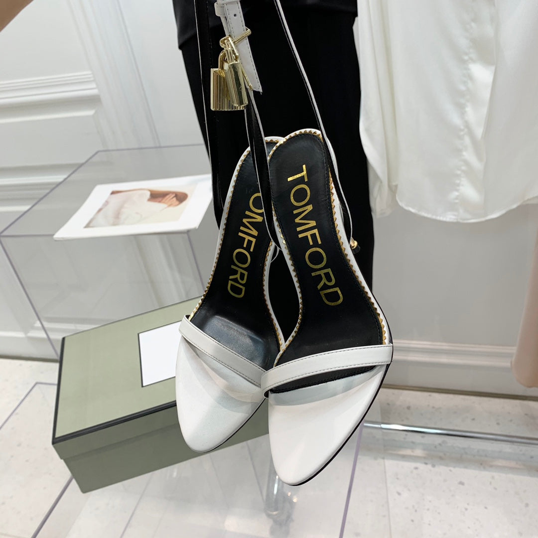 PADLOCK HIGH HEEL 10 CM SANDAL IN WHITE SHEEPSKIN