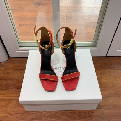 BALMAIN 25S UMA HEELED SANDALS 105MM IN RED SUEDE GOLD HARDWARE