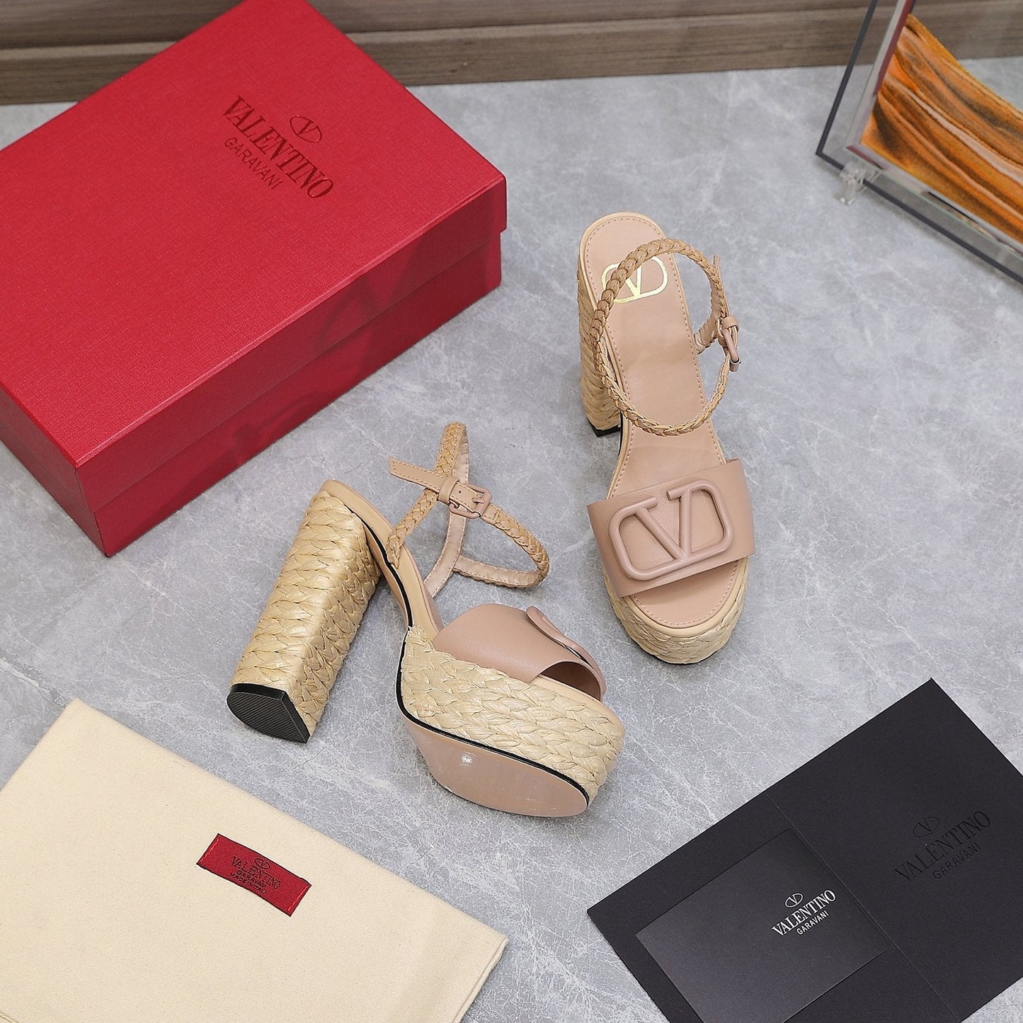 VLTN ESPADRILLE WEDGE SANDALS 25S 130 MM IN MUTED PEACH BEIGE LAMBSKIN