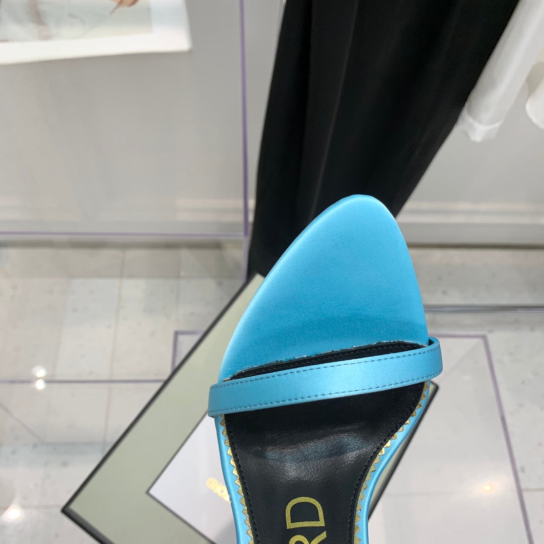 TOM FORD 26S GOLD BUCKLE HEELS 105 MM IN AQUA BLUE LAMBSKIN