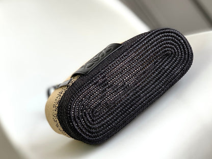 LOEWE 25S BASKET BAG 30 IN NATURAL MIX BLACK RAFFIA CALFSKIN SHOULDER STRAP