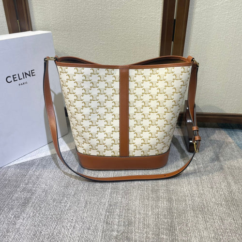 BUCKET 33 IN WHITE TRIOMPHE CANVAS AND BRONZE BROWN CALFSKIN TRIM
