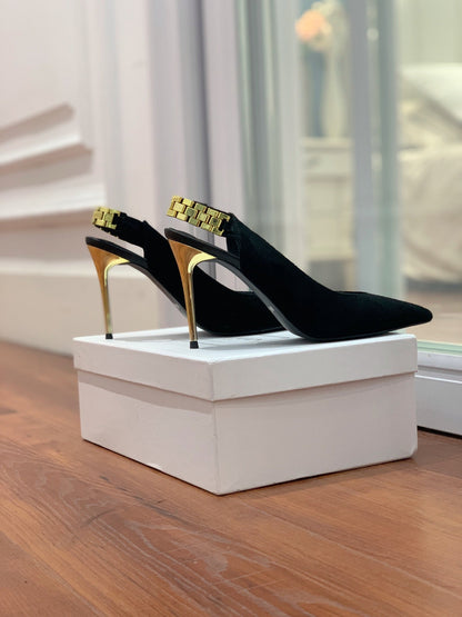 BALMAIN 26S SLINGBACK 95 MM IN BLACK SUEDE WITH GOLD HARDWARE