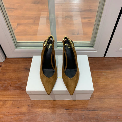 BALMAIN 26S SLINGBACK 95 MM IN BROWN SUEDE WITH GOLD HARDWARE