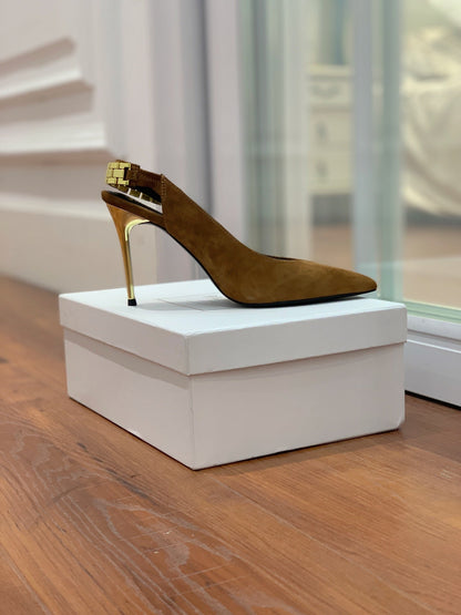 BALMAIN 26S SLINGBACK 95 MM IN BROWN SUEDE WITH GOLD HARDWARE