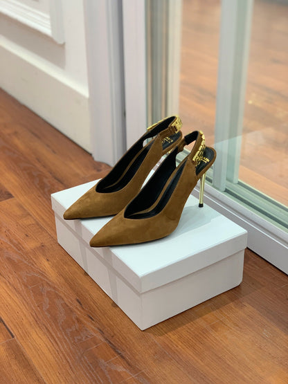 BALMAIN 26S SLINGBACK 95 MM IN BROWN SUEDE WITH GOLD HARDWARE