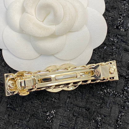 CHANEL 26S DOUBLE C LOGO CHAIN WEAVE BAR HAIR CLIP IN BLACK & WHITE LEATHER AND GOLD METAL 629927
