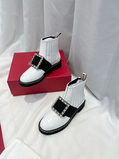 VIV' RANGERS CHELSEA BOOTIES IN WHITE CALFSKIN CRYSTAL BUCKLE