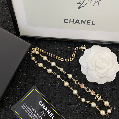 CHANEL 26S DOUBLE C LETTER PEARL NECKLACE WITH HEART CHARMS IN GOLD METAL 631850