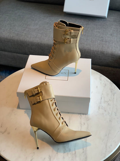 BALMAIN 26S LACE-UP ANKLE BOOTS 105 MM IN BEIGE CALFSKIN