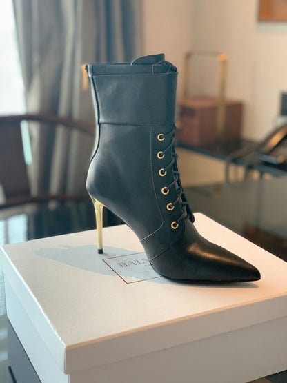 BALMAIN 26S LACE-UP ANKLE BOOTS 105 MM IN BLACK CALFSKIN