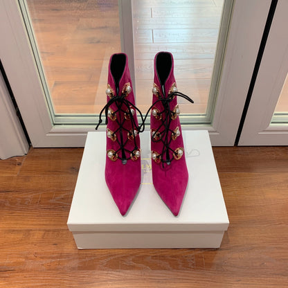 BALMAIN 26S BOOT 95 MM IN DARK PINK SUEDE PEARL BUTTON