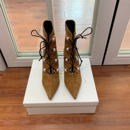 BALMAIN 26S BOOT 95 MM IN BROWN SUEDE PEARL BUTTON