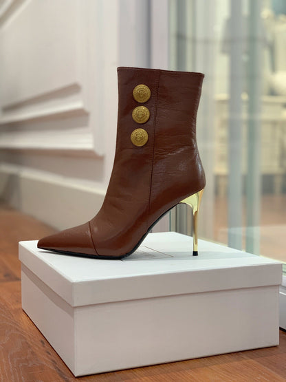 BALMAIN 26S BOOT 105 MM IN BROWN CALFSKIN WITH GOLD HARDWARE