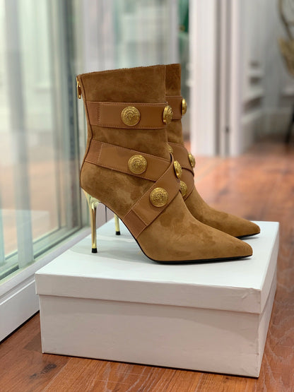 BALMAIN 26S BOOT 105 MM IN BROWN SUEDE WITH GOLD HARDWARE