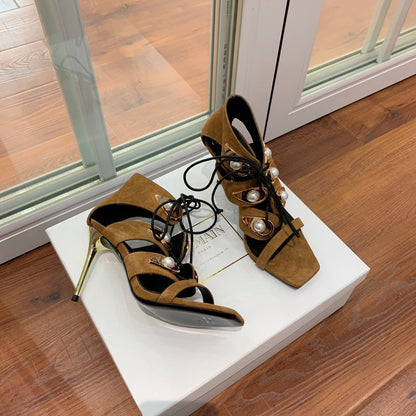 BALMAIN 25S HIGH HEELS 95MM IN DARK BROWN SUEDE WITH PEARL