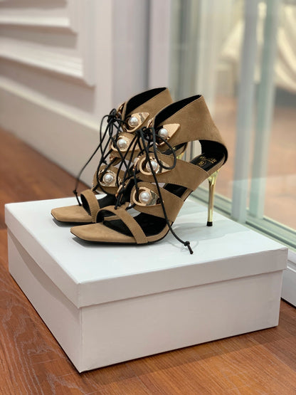BALMAIN 25S HIGH HEELS 95MM IN LIGHT BROWN SUEDE WITH PEARL