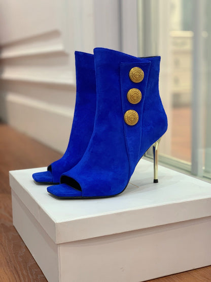 BALMAIN 26S OPEN-TOE BOOTS 95 MM IN NAVY BLUE SUEDE