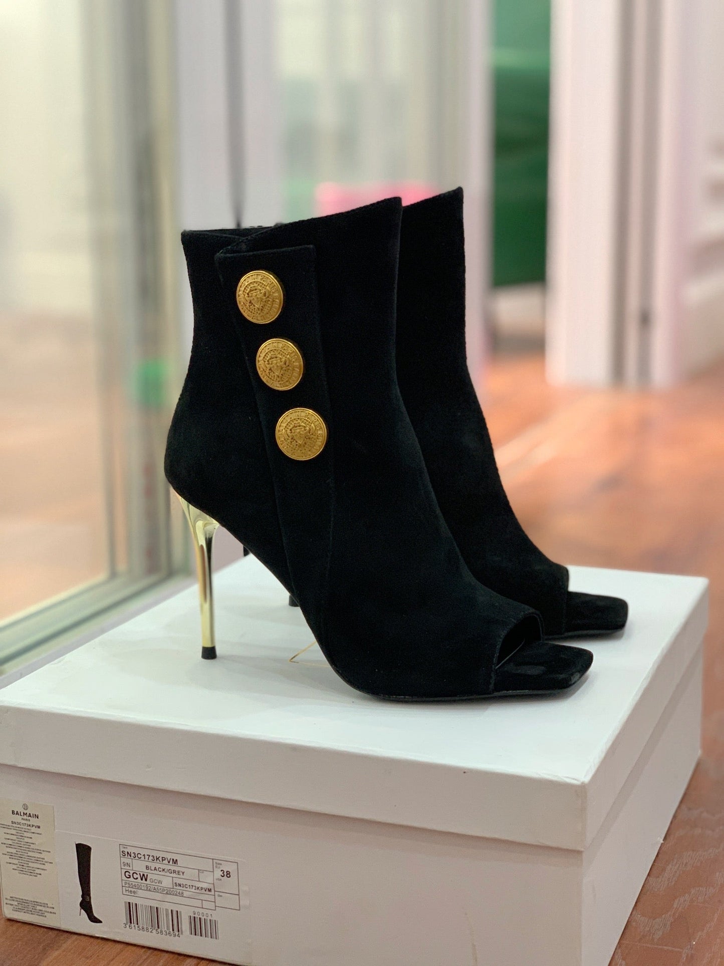 BALMAIN 26S OPEN-TOE BOOTS 95 MM IN BLACK SUEDE