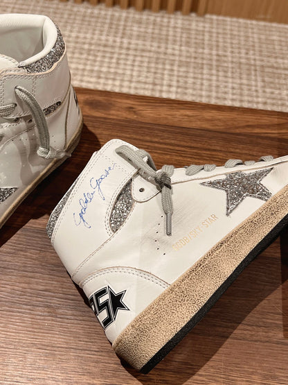 SKY-STAR SNEAKERS IN WHITE NAPPA LAMBSKIN WITH SILVER GLITTER STAR AND HEEL TAB