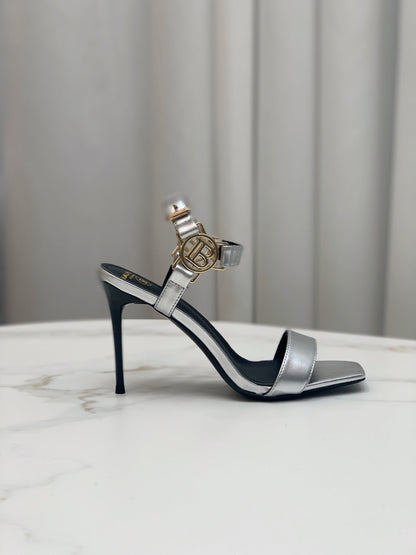 BALMAIN 25S HIGH HEELS WITH B METAL DETAIL 95MM IN SILVER CALFSKIN