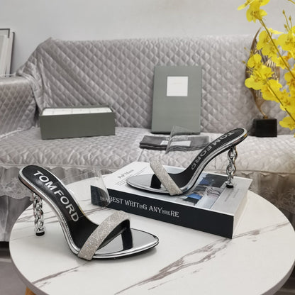 CRYSTAL HIGH HEEL MULE 10 CM IN SILVER LAMBSKIN
