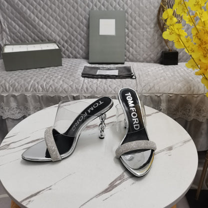 CRYSTAL HIGH HEEL MULE 10 CM IN SILVER LAMBSKIN