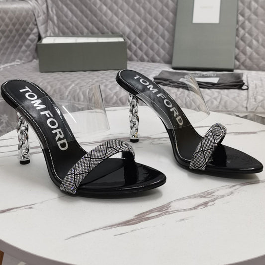 CRYSTAL HIGH HEEL MULE 10 CM IN BLACK LAMBSKIN