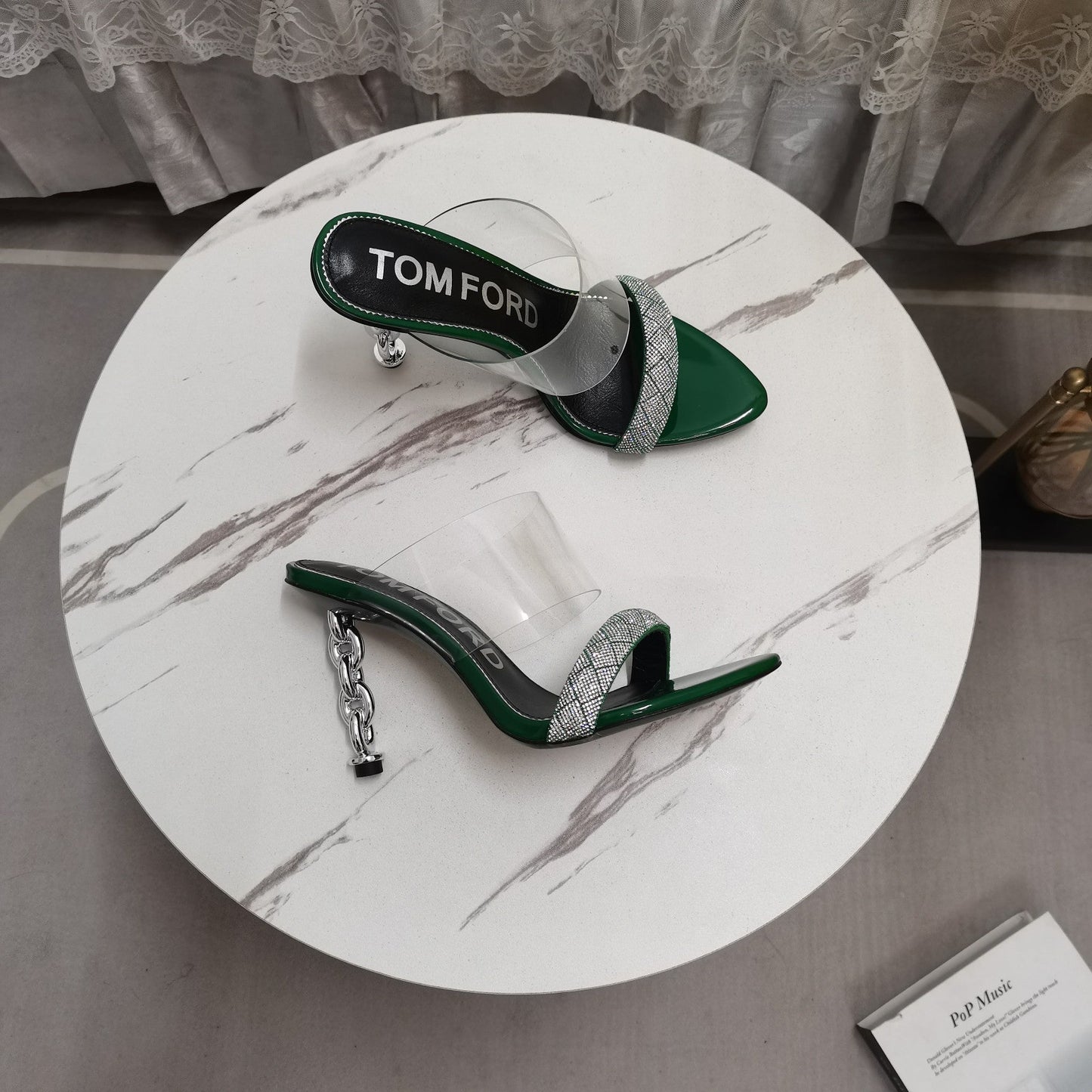 CRYSTAL HIGH HEEL MULE 10 CM IN GREEN FOREST LAMBSKIN