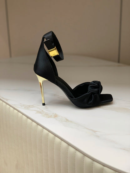 BALMAIN 25S KNOTTED HIGH HEELS 95MM IN BLACK SATIN
