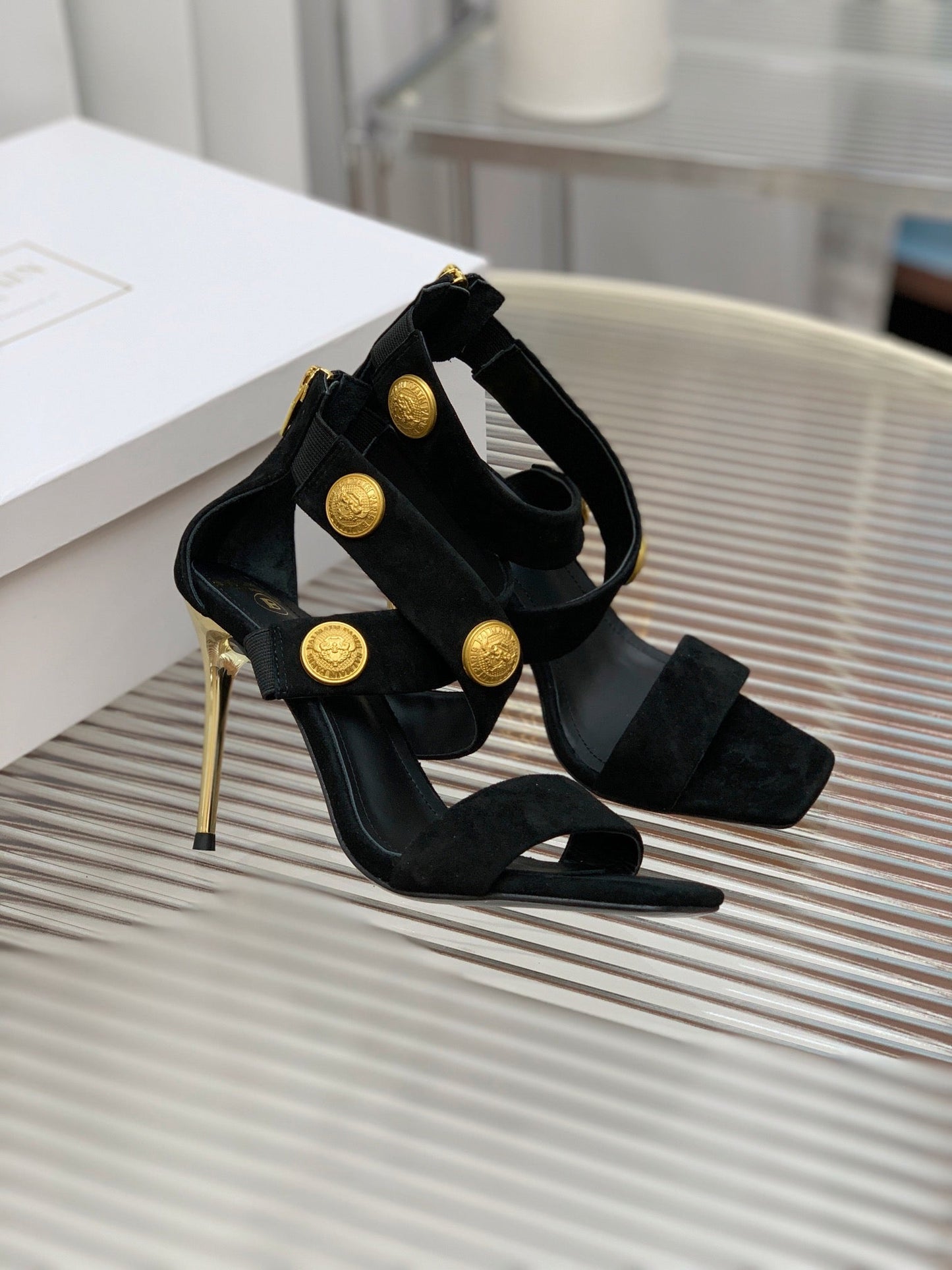 BALMAIN 25S CROSSOVER STRAP HIGH HEELS 95MM IN BLACK SUEDE
