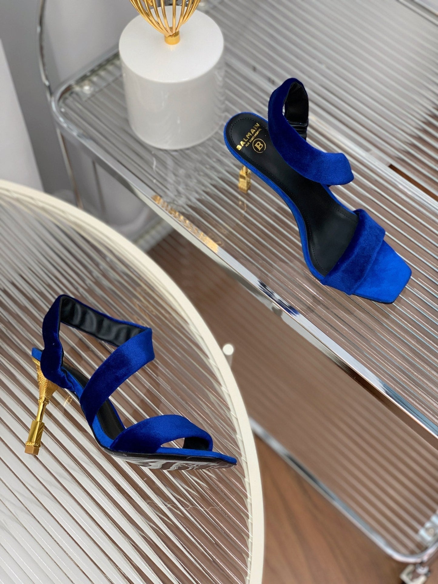 BALMAIN 25S MONETA HEELED SANDALS 95MM IN DARK BLUE VELVET