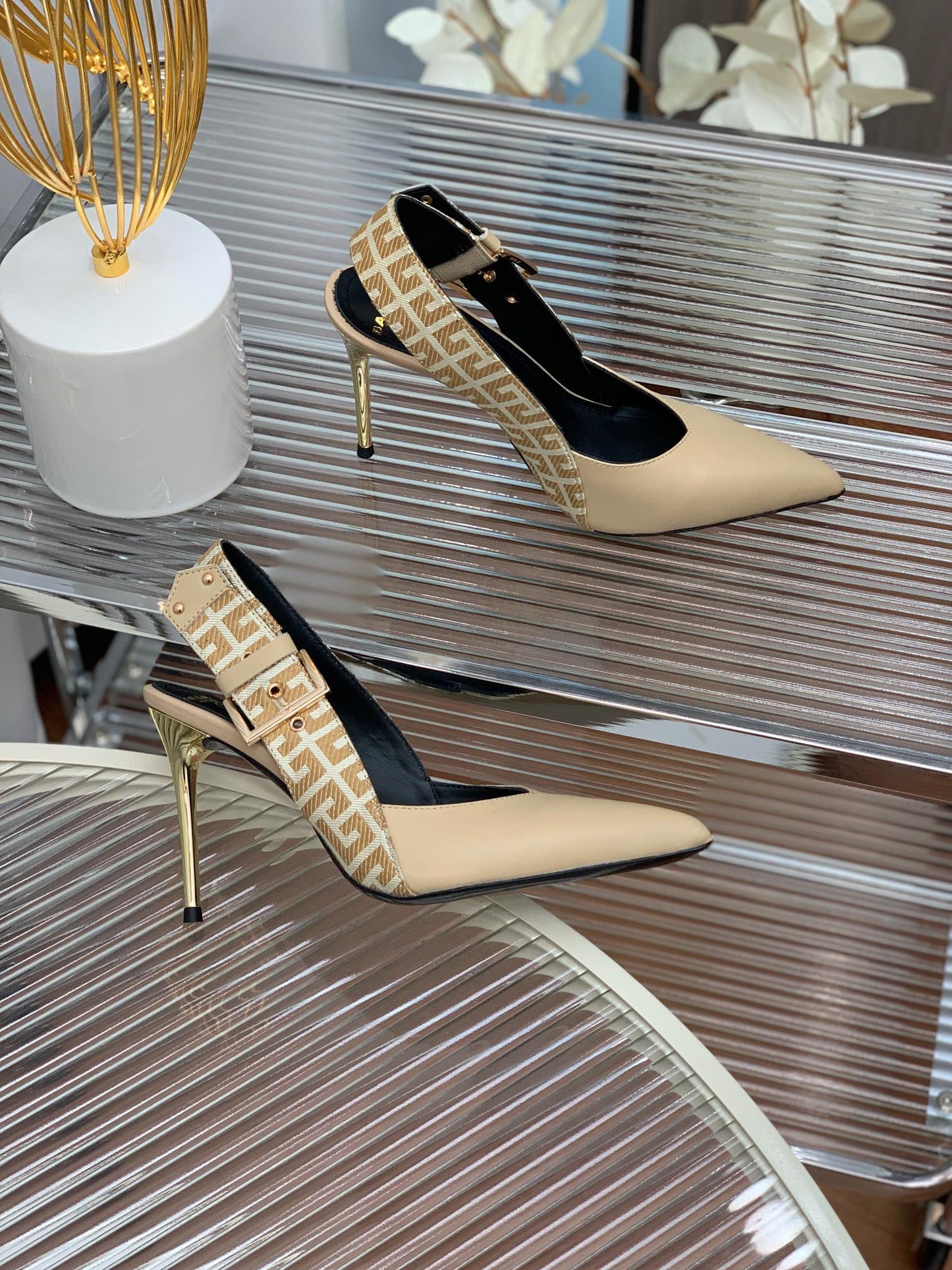 BALMAIN 25S SLINGBACK SHOES 95MM IN LIGHT BROWN CALFSKIN