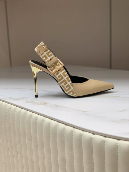 BALMAIN 25S SLINGBACK SHOES 95MM IN LIGHT BROWN CALFSKIN