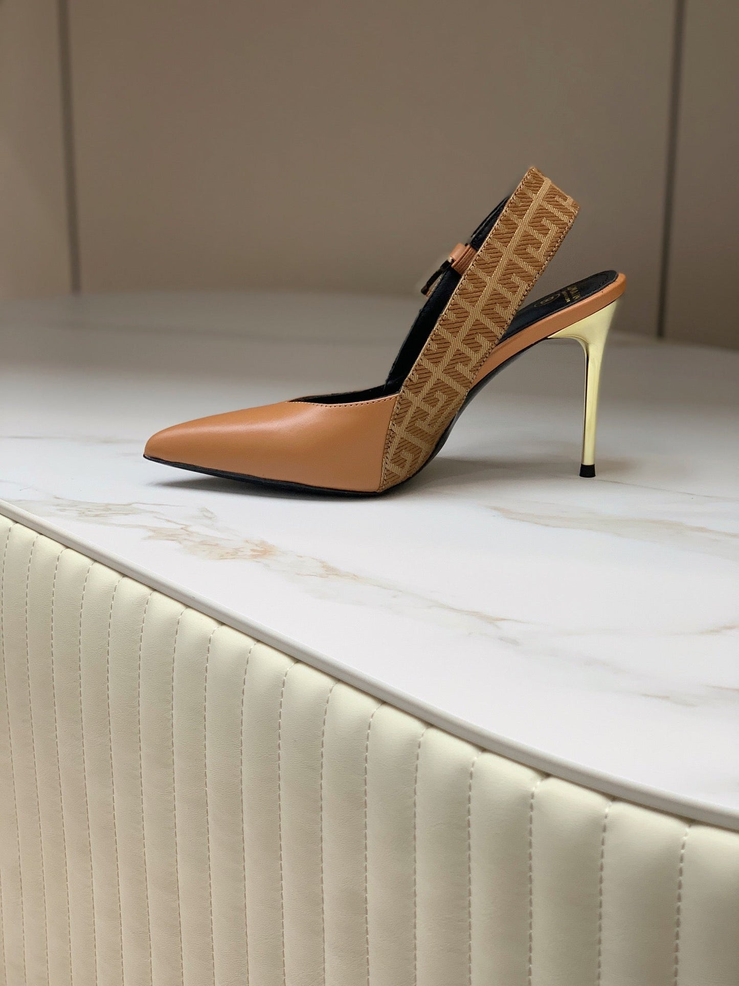 BALMAIN 25S SLINGBACK SHOES 95MM IN DARK BROWN CALFSKIN