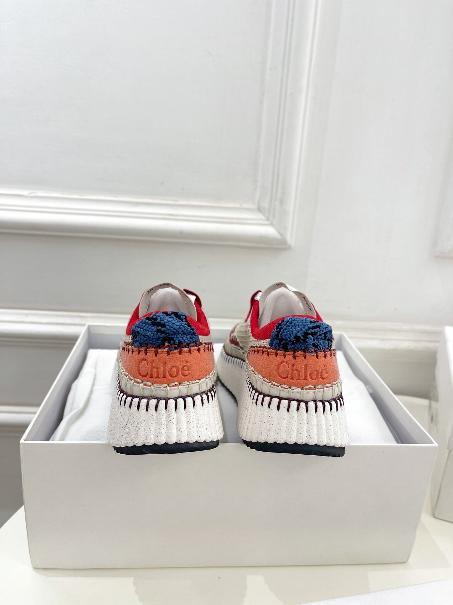 CHLOÉ NAMA SNEAKER IN CHERRY RED MIX COLORFUL SPECIAL FABRIC