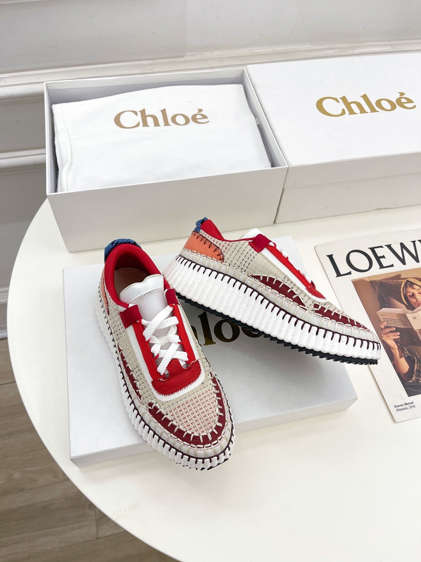CHLOÉ NAMA SNEAKER IN CHERRY RED MIX COLORFUL SPECIAL FABRIC