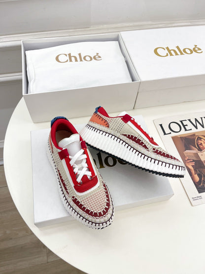 CHLOÉ NAMA SNEAKER IN CHERRY RED MIX COLORFUL SPECIAL FABRIC